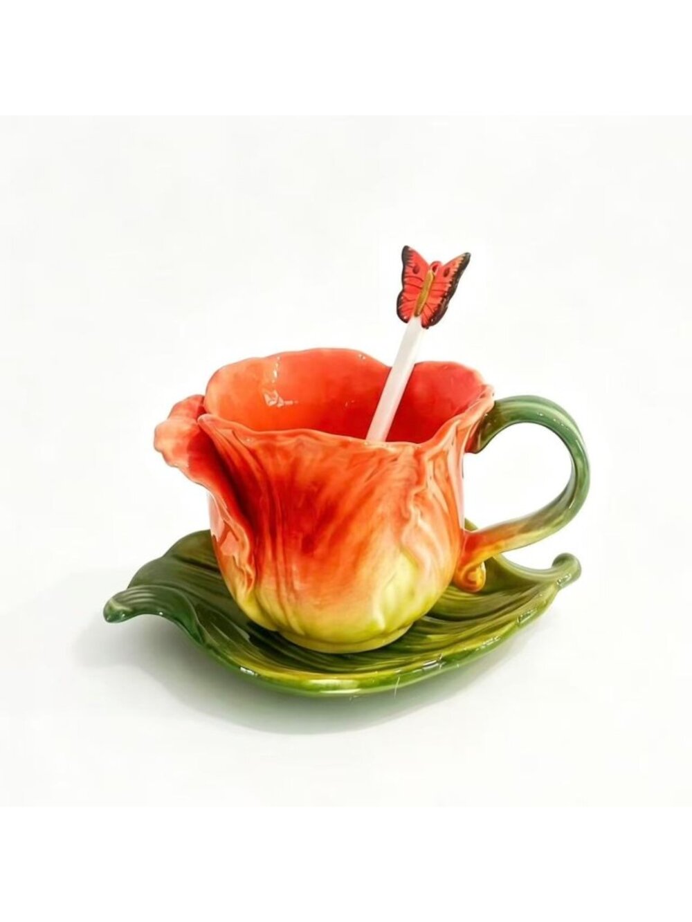 Hand-Painted Flower Ceramic Tea Cup & Saucer Set, 6oz Coffee Mug Gift for Her